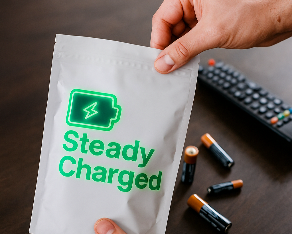 Hand holding a 'Steady Charged' package with batteries on a wooden surface